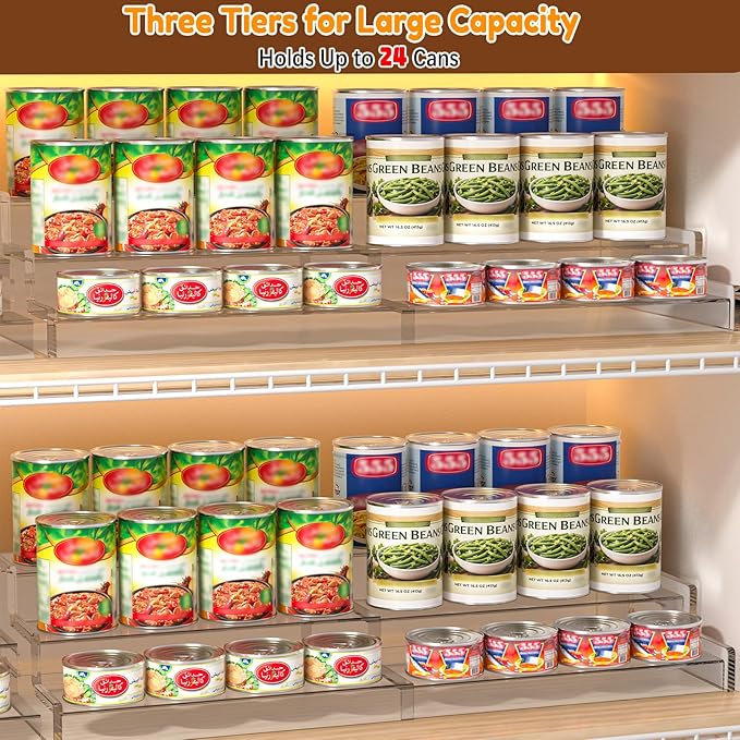 Expandable Can Organizer for Pantry, 3-Tier Adjustable Can Storage Holder | Soda Organizer Holds Up to 24 Cans, Acrylic Canned Food Organizer for Pantry, Cabinet, Countertop, Kitchen