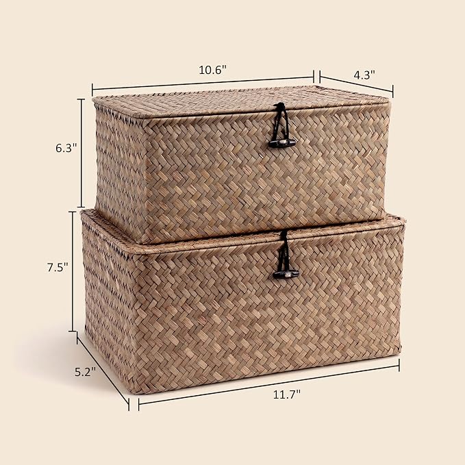 Nonam Storage Basket with Lid, Natural Seagrass Bin with Lid Set of 2, Shelf Baskets Multipurpose Container for Boho Decoration, Rectangular Household Storage Boxes for Home Organization-Coffee