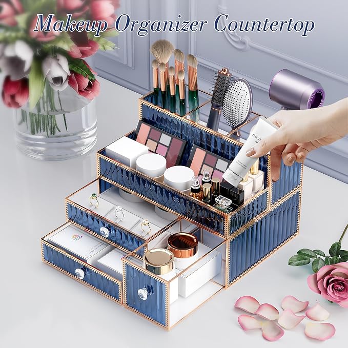 Youdepot Blue Tempered Glass Makeup Organizer | Vanity Organizer for Cosmetics, Skincare, Hair Tools, Brushes, Perfume, Multipurpose Bathroom Counter Skincare Organizer