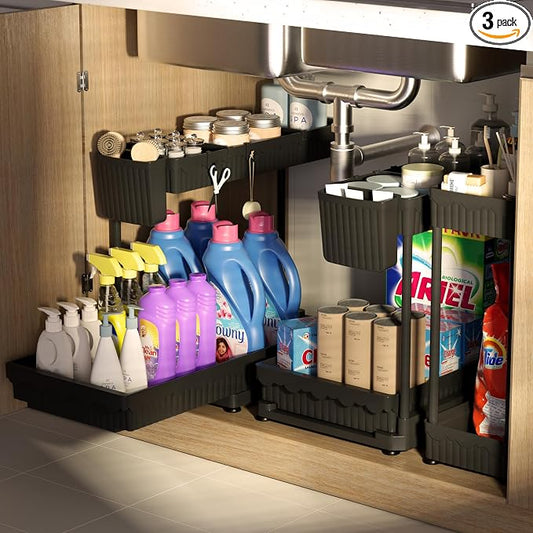 Sevenblue 3-Pack 2-Tier L-Shaped Under Sink Organizers with Sliding Drawers | Multi-use kitchen & bathroom storage, 14.85 inch black cabinet organizer, space-saving sliding drawer design.