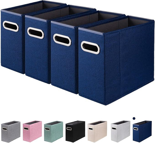 4 Packs Letter Size File Organizer, File Folders Organizer, Fabric Storage Box, Collapsible Paper Organizer with Metal Handle, Smooth PVC Rails, Only Box (Blue)
