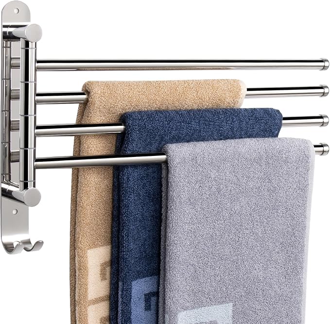 NearMoon Swivel Towel Rack, 13.8" Thicken 304 Stainless Steel 4-Arm Towel Bar, Space Saving Wall Mounted Towel Holder with Hook, Rustproof Swing Out Towel Hanger for Bathroom, Kitchen (Chrome Finish)