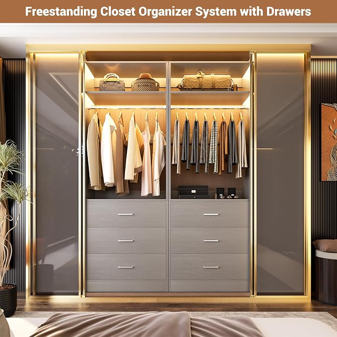 Besiost Closet System Set of 2, 4FT Closet Systems with 6 Wood Drawers, 48" Closet Organizer System with 2 Hanging Rods & 2 Shelves, Heavy Duty 48 Inch Walk-in Closet, Grey (48"L x 15" W x 80" H)