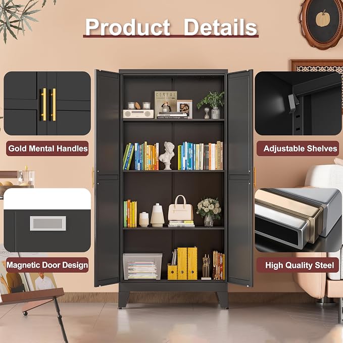 winiowa Metal Pantry Cabinet with 2 Doors and Adjustable Shelves, Kitchen Storage cabinets with Gold Handles, Versatile Storage for Laundry Room,Living Room,Bathroom,Dinning Room-Black