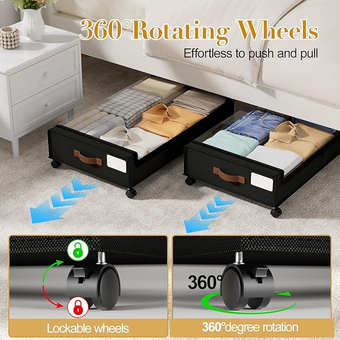 Yecaye Under Bed Storage with Wheels, 4 Pack Under the Bed Storage Containers with Lids & Label, XXL 60L Rolling Underbed Storage Drawers for Clothes, Blankets, Shoes, Black