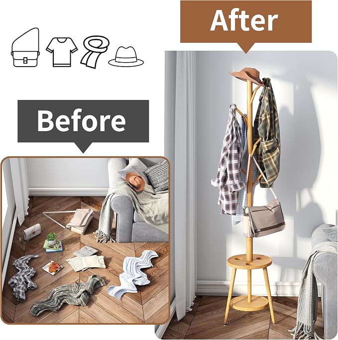Freestanding Coat Rack with Umbrella Organizer Tray Bamboo Coat Tree Rack with 8 Hook Stand for Clothes Bag Hats Entryway Hanger Stand(Nature)
