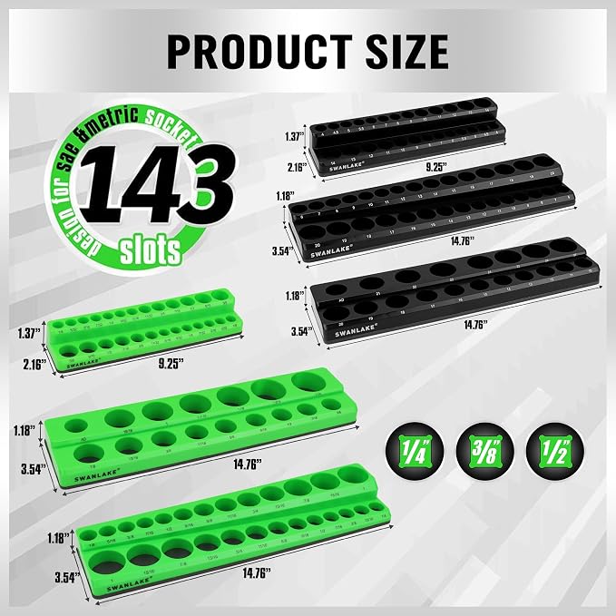 Magnetic Socket Organizer Set, 6-piece 1/4", 3/8", 1/2" SAE & Metric Sockets Holder, Drive Socket Trays, Storage Tool Box, Holding 143 Slots, Soft Rubber Covering Black Green Tools