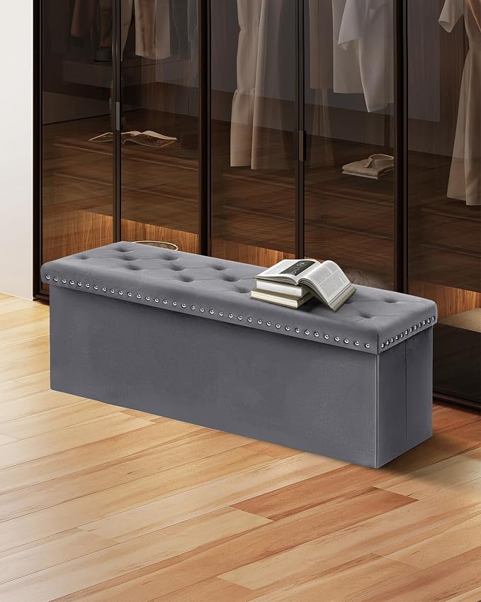 B FSOBEIIALEO Storage Ottoman Bench, Folding Tufted Ottomans with Storage, Extra Large 140L Storage Boxes Footrest Bench for Bedroom, Luxury Velvet Fabric 43 Inches Grey
