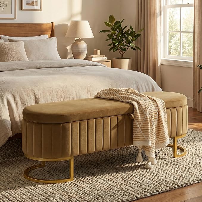 65 Inch Storage Ottoman Bench Velvet End of Bed Storage Bench King Size Upholstered Tufted Bench Large Space for Bedroom Living Room Entryway Coffee