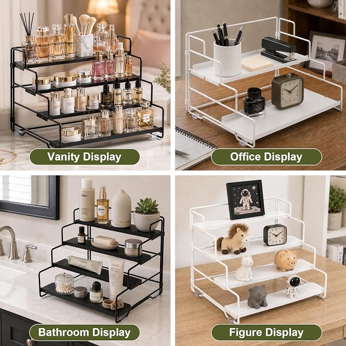 4 Tier Adjustable Spice Rack Organizer for Cabinet & Countertop | Adjustable-Depth Shelves, Tiered Visible Display, Raised Edge Guard, Vertical Space Saver, Metal Construction, Black
