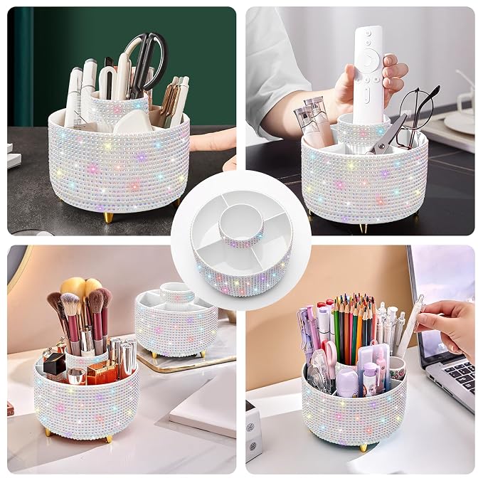 Diesisa Bling Diamond 360° Makeup Brush Holder Organizer, Rotating Makeup Brush Organizer,5 Slot Make up Brushes Cup for Cosmetics, Vanity Desktop Organizer, Gift for Women Teen Girls- Diamond White