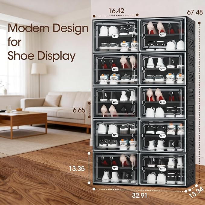 Black Shoe Storage Cabinet for 40 Pairs, Collapsible Plastic Shoe Organizer with Magnetic Clear Doors, 3-Step Tool-Free Assembly for Entryway, Hallway, Apartment and Closet (2Row, 10Tier)