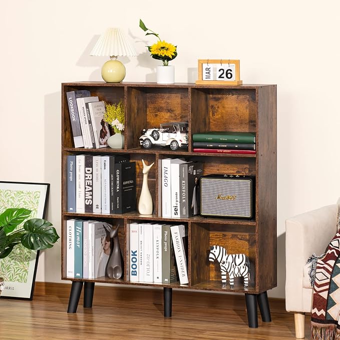 LEYAOYAO 8 Cube Bookshelf, Mid-Century Modern Book Shelf with Legs, Brown | 3 Tier Bookcase, Rustic Wood Bookshelves Freestanding Large Storage Organizer, Open Shelves for Bedroom, Living Room, Office