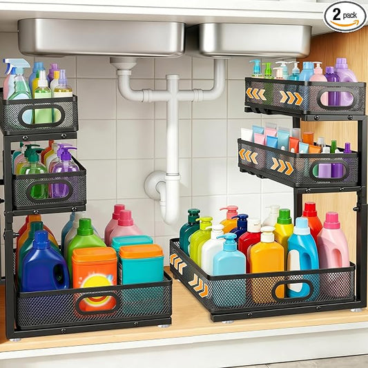 3 Tier Adjustable Under Sink Organizer for Bathroom & Kitchen(2Pack, Black) | 35% More Storage, 5 Adjustable Heights, Sliding Pull Out,No Sliding, Heavy-Duty Steel Frame, Multi-Purpose Cabinet Organizer