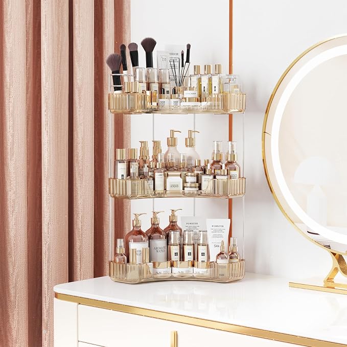 Asayuee 3-Tier Corner Bathroom Counter Organizer with Top Toothbrush Holders,Large Makeup Organizer Countertop with Brush Holder,Skincare Organizers Corner,Exquisite Vanity Organizer (Gold, 3 Tier)