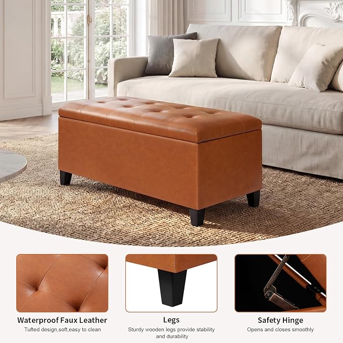 Storage Ottoman Bench, 33" Faux Leather Upholstered End of Bed Bench with Safety Hinge,Wooden Legs,for Entryway Bedroom Living Room
