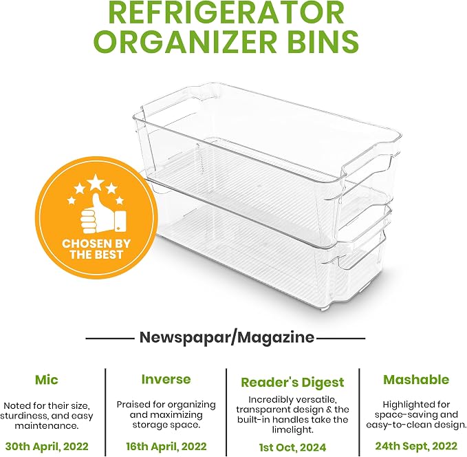 Utopia Home - Fridge & Refrigerator Organizer Bins (8 Pack), Clear Stackable Durable Plastic Storage Containers with Easy Grip Handles for Pantry, Kitchen Cabinets & Countertops (8)