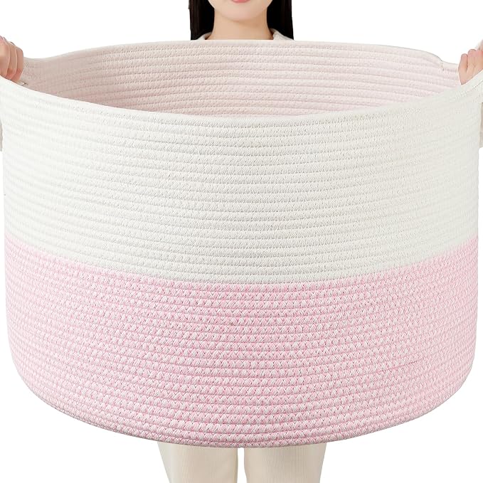 Foldable Laundry Hamper Basket with Collapsible Handle Cotton Rope Soft Woven Fabric Storage Organizer Clothes Toys Nursery Bedroom Dorm Space Saving Bin (White & Pink, 115L(23.6"D x 15.7"H))