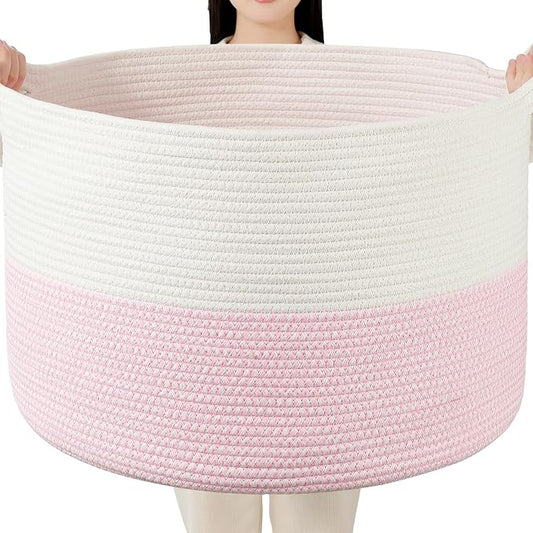 Foldable Laundry Hamper Basket with Collapsible Handle Cotton Rope Soft Woven Fabric Storage Organizer Clothes Toys Nursery Bedroom Dorm Space Saving Bin (White & Pink, 115L(23.6"D x 15.7"H))