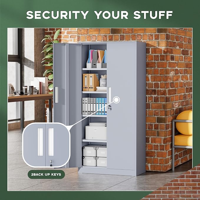 Greenvelly Metal Garage Storage Cabinet, 72” Tall Locking Steel Cabinet with 2 Doors and 4 Adjustable Shelves, Utility Metal Filing Cabinet with Lock for Home, Office, Garage, School (Dark Grey)