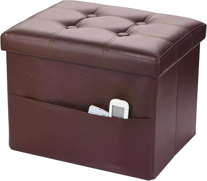 Bsketa Storage Ottoman Bench,16 Inch Folding Leather Foot Rest Stool, Brown | Small Ottoman with Side Pockets, Thicker Foam Padded Seat, Livingroom, Dorm, Bedroom, Easy to install, 38L,16x12x12in
