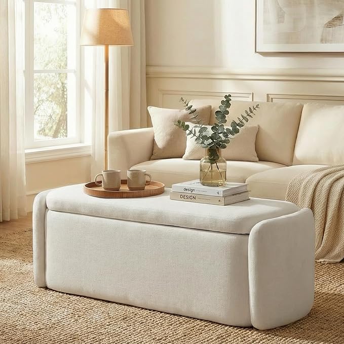 VKNOW Storage Bench, Upholstered Storage Ottoman Bench with Hinge, Cream | Ottoman Bench with Large Capacity, Curved Frame, Soft Fabric, Storage Bench for Bedroom, Living Room, Entryway, Window