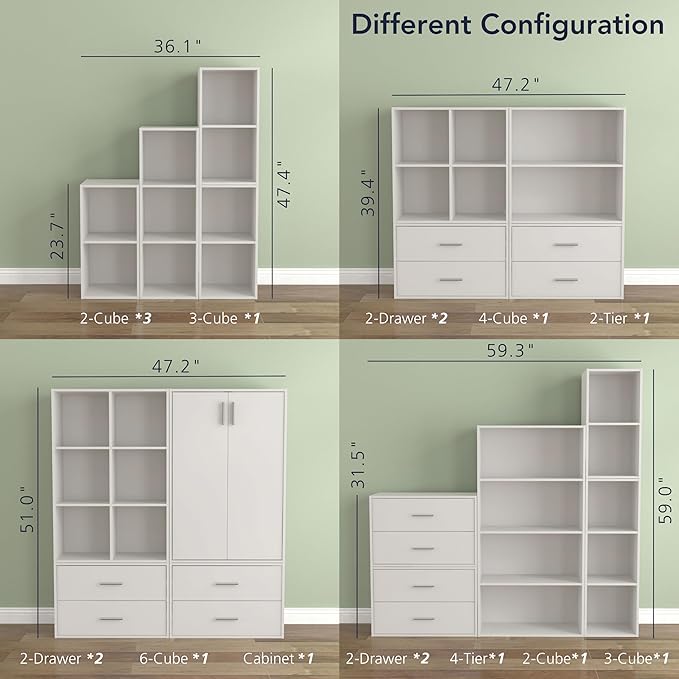 Homes: Inside + Out Apexa 6-Cube Storage Organizer Shelves, Stackable Wood Bookcase Fits Cubby Bins for Organization, Dorm Teen Room Decor & Home Office, White