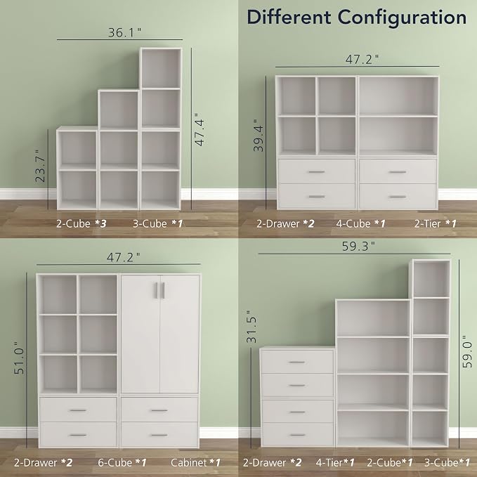 Homes: Inside + Out Apexa 3-Tier Cube Storage Organizer Shelves, Stackable Wood Bookcase Fits Cubby Bins for Organization, Dorm Teen Room Decor & Home Office, White