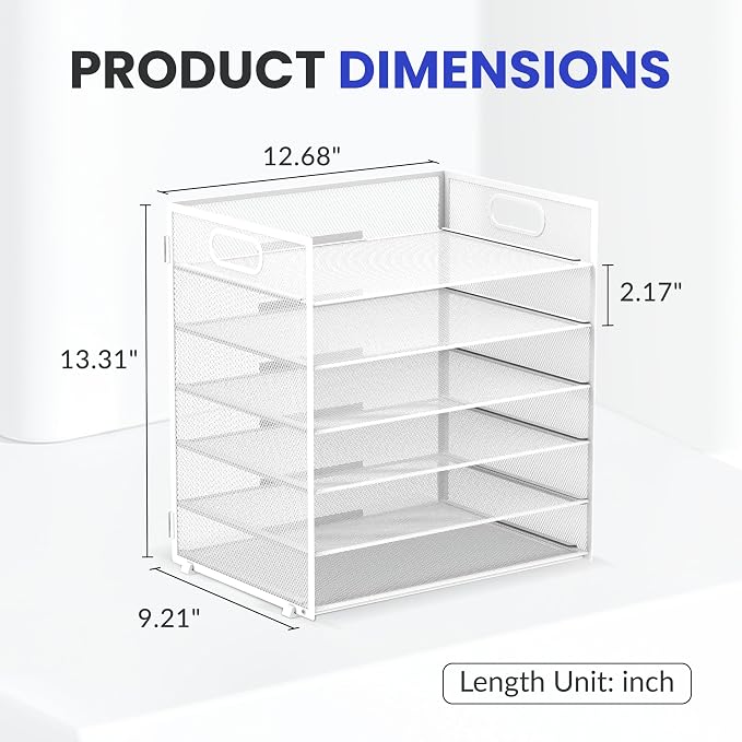 Daltack 6-Tier Paper Organizer for Desk with Handle, White | Sturdy Metal Mesh Organizer with Movable Middle Trays and a Carry Handle for Papers, Folders and Office Supplies