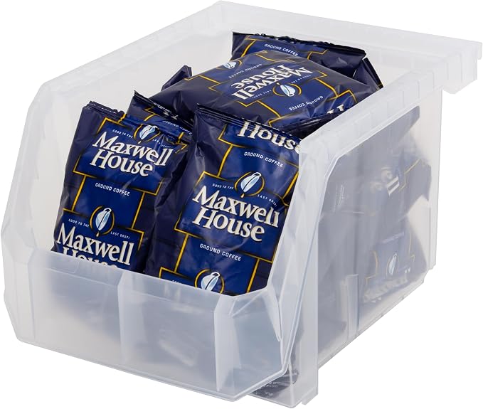 ReadySpace Medium-Tall Stackable Plastic Storage Bins, 4-Pack, Clear | Open-Front Stackable Bins For Garage, Pantry, Closet & Office, 7"L X 11"W X 8"H, Nests When Empty, Durable Plastic,