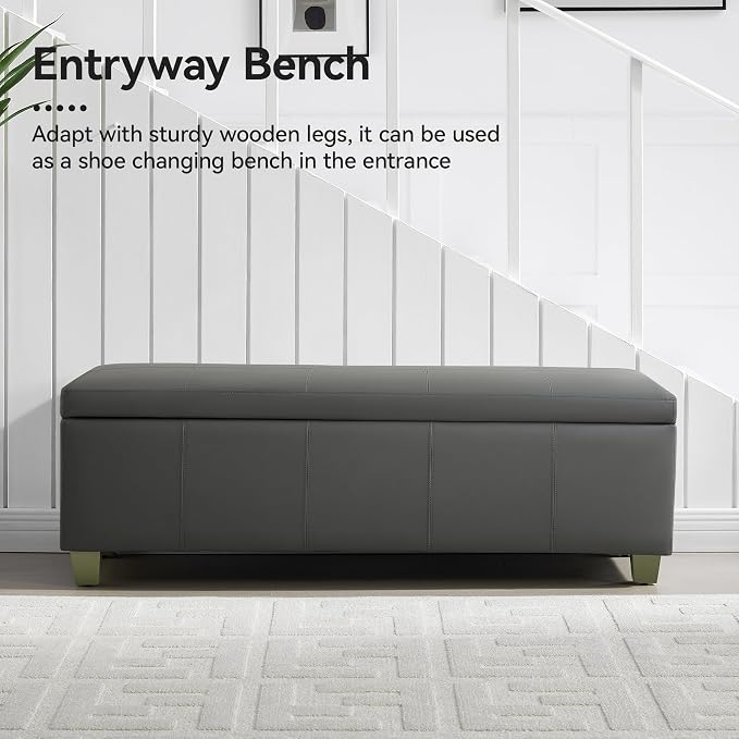 WUTUTUEE 51" Faux Leather Storage Ottoman, Stitch Tufted Rectangle Upholstered End of Bed Storage Bench, Entryway Large Couch Ottoman with Wooden Legs,Dark Grey