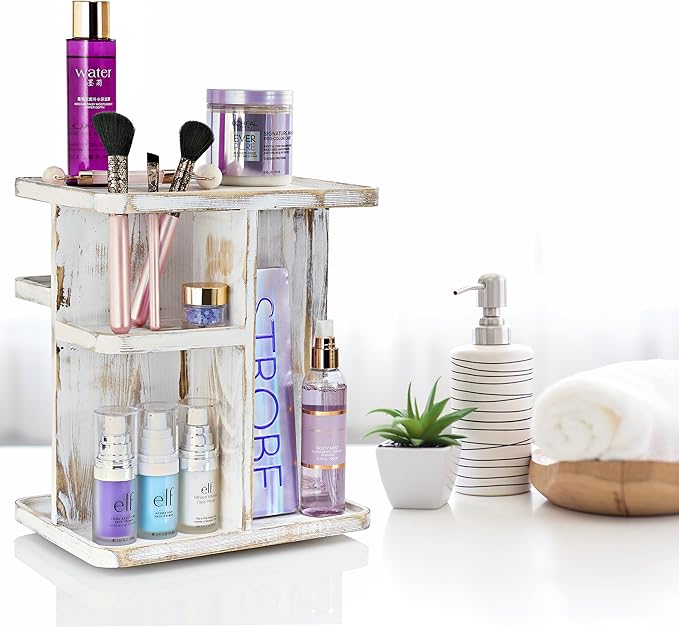 Sorbus 360° Makeup Organizer - Grey Rustic Wood Make Up Storage Carousel for Cosmetics, Skin Care Rotating Makeup Organizer for Vanity, Bathroom Storage