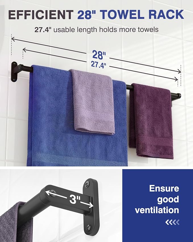 Powools Matte Black Towel Rack for Bathroom - 28" Rustproof Towel Holder, Sturdy Towel Bar Wall Mounted, Space-Saving Towel Hanger, Bathroom Accessories, Home Decor, Apparment Essentials