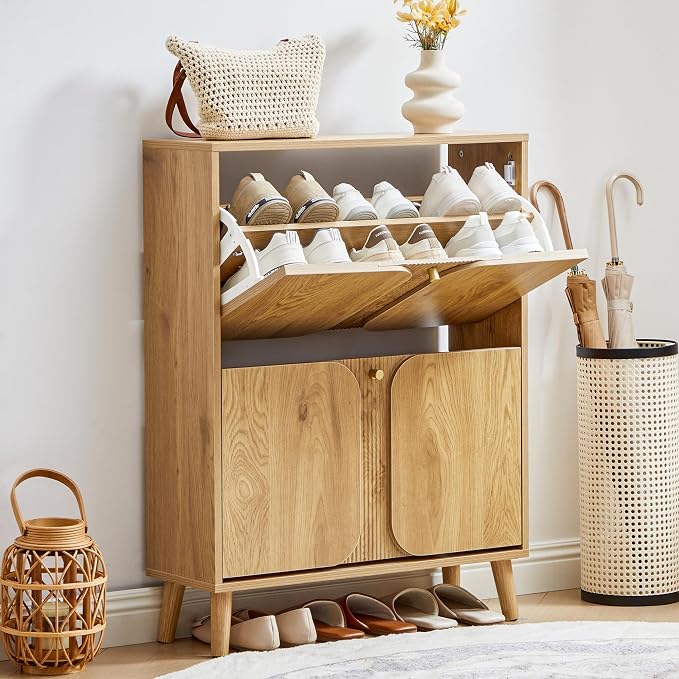 BERRYMERRY Natural Shoe Cabinet with 2 Flip Drawers Fluted Recessed | narrow,entryway,16 pairs shoe,shoe organize,hidden shoe rack,fluted panel,wave pattern,wood,space saving