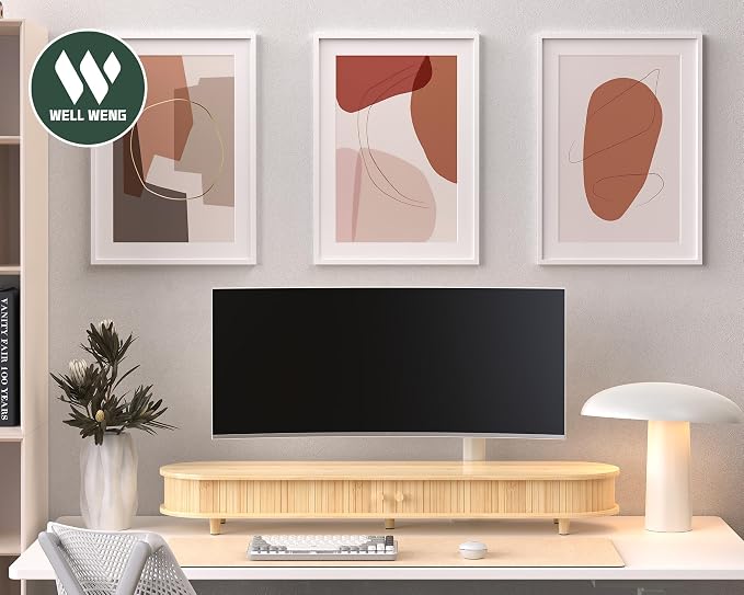 Bamboo Dual Monitor Stand with Storage, 42 Inch Desk Shelf Riser | Curved Double Computer Laptop Stand Desk Shelf Organizer with Sliding Doors for 55-72 Inch Desk