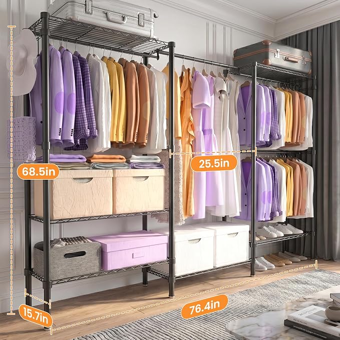 Heavy Duty Clothes Rack, Portable Closets with 6 Rods & 6 Shelves | Extra Large Clothing Rack for Hanging Clothes, Adjustable Metal Garment Rack 76.4"W x 15.7"D x 68.5"H, Hold 792 lbs, Black