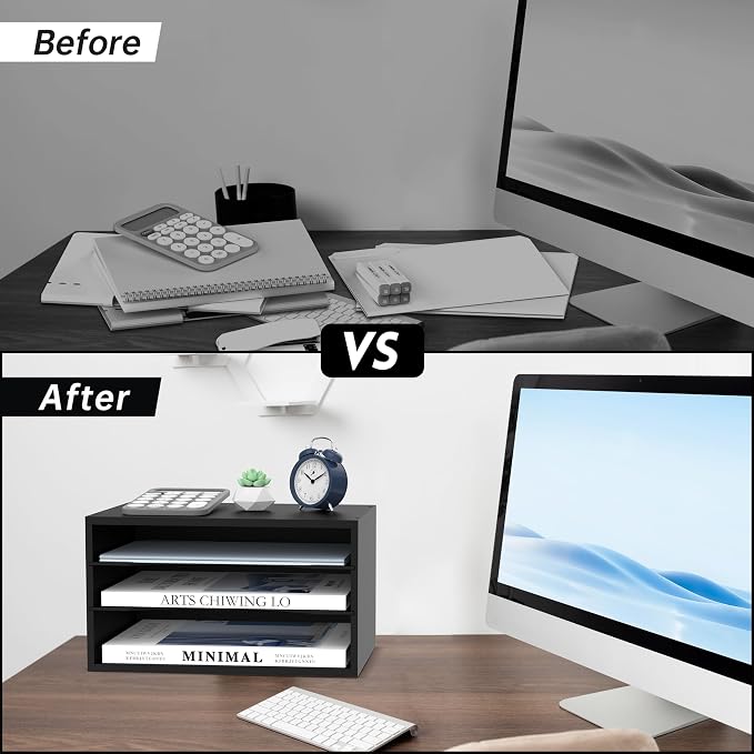 3 Tier Wood Desk Organizer, Mail Sorter and Paper Organizer for Desk, Black | Wooden Desktop Organizer for Sorting Papers, Letters and Mails, Literature Organizer for Home Office, Classroom Organization