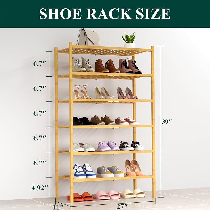 Smiry Bamboo Shoe Rack, 14 Vertical Slats, 6 Tier - 26.8" Wide, Natural | Stackable Free Standing Wooden Shoe Organizer, Wood Shoe Storage Shelf for Closet, Entryway, Thicher Leg