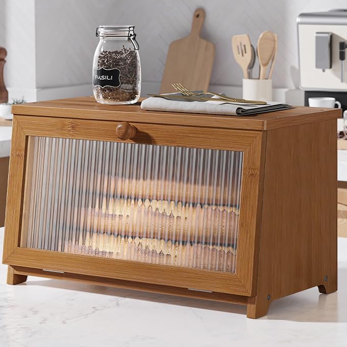 Kitsure Wooden Bread Box for Kitchen Countertop, 1-Tier, Brown | Large Capacity Kitchen Countertop Organizer, Stylish Bread Storage with Window, Multi-functional Container