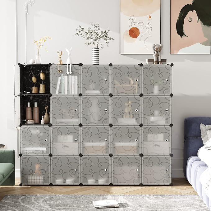 C&AHOME 20-Cube Storage Organizer with Door Platic Closet Organizer Black | Modular Bookshelf, Storage Shelving, Portable Shelves Organizing Units Ideal for Bedroom, Home 48.4" L × 12.4" W × 60.6" H