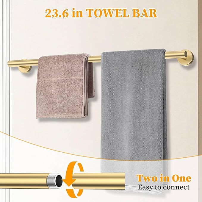 Brushed Gold Towel Bar Set 10 Pieces Round Bathroom Hardware Set Includes 23.6in Towel Bar Towel Ring Toilet Paper Holder Towel Hooks Stainless Steel Wall-Mounted Bathroom Towel Holder Set