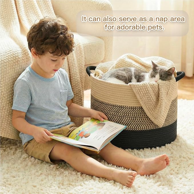 Artfeel 70L Large Cotton Rope Basket, Decorative Woven Blanket Storage for Living Room, Boho Toy Storage & Toy Box for Kids, Versatile Laundry Basket & Nursery Hamper for Blankets(BlackBrown)