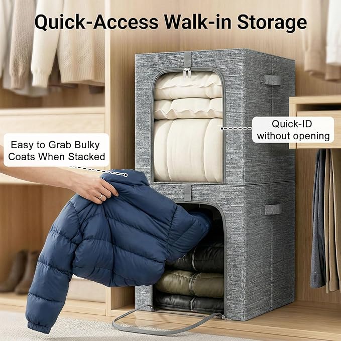 GoMaihe Blanket Storage Bins with Metal Frame for Closet, 55L 4-Pack Grey | Clothing Comforters Bedding Winter Coat, Closet Top Shelf, Collapse-Proof Stackable, Clear Window, Dual Access Space Saving