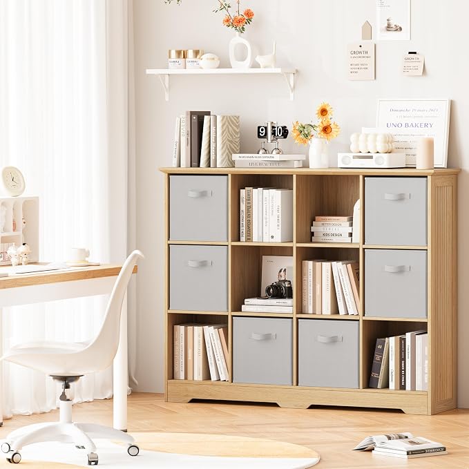12 Cube Storage Organizer Shelf, Wood Cubby Storage with 6 Fabric Drawers | 3 Tier Wooden Bookshelf with 2 Adjustable Shelves, Fluted Side Panels Bookcase for Records, Books, Ornaments
