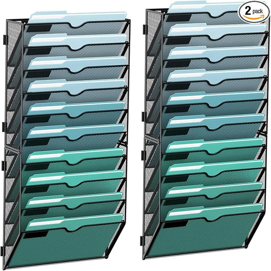 SUPEASY 10-Tier Wall File Organizer, Hanging Wall Files for Papers, Folders, Magazines, Wall Organizer for Clipboard, Assembly Needed, Black, 2 Pack | Metal Mesh Hanging File Organizer with Open Compartments and Label Panels for Papers and Folders at H...