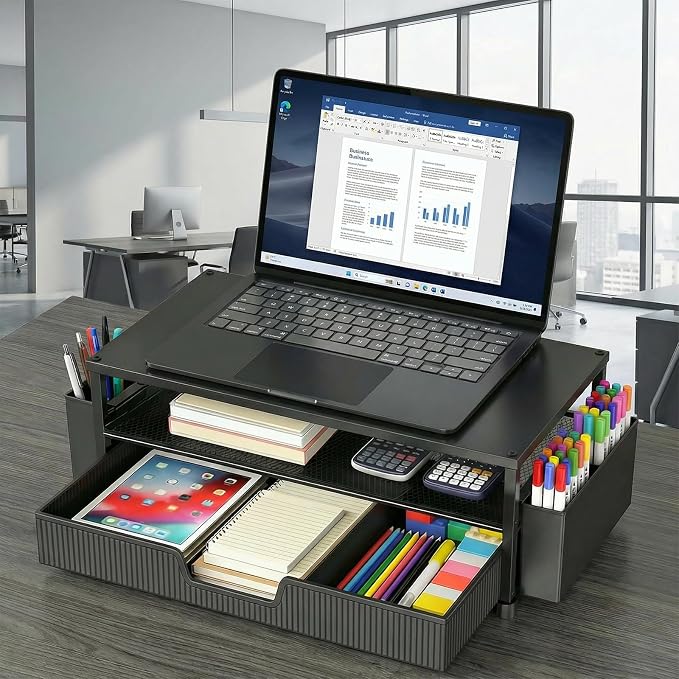 ECOLOVI Desk Organizer and Accessories, 2-Tier Computer Monitor Stand Rise with Storage Drawer & 2 Pen Holders, Laptop & Printer Stand for Desktop, Workspace Organizers for Office Supplies (Black)