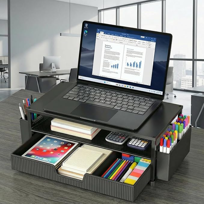 ECOLOVI Desk Organizer and Accessories, 2-Tier Computer Monitor Stand Rise with Storage Drawer & 2 Pen Holders, Laptop & Printer Stand for Desktop, Workspace Organizers for Office Supplies (Black 2-Pack))