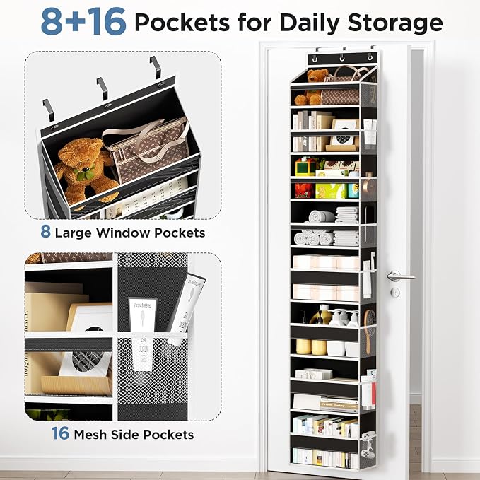 Mefirt Over The Door Organizer, 8 Shelf Door Hanging Organizers with 8 Large Capacity Pockets, Back of Door Organizer Storage Hanging Shelves for Closet Bathroom Bedroom Nursery