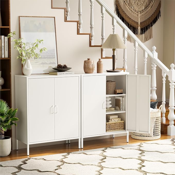 COFaR White Metal Storage Cabinet, 40” Kitchen Buffet & Coffee Bar Cabinet with Adjustable Shelves, 3-Tier Steel Organizer with Magnetic Doors, Sideboard for Dining Room, Home Office