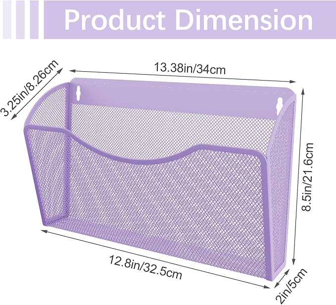 EasyPAG 3 Pack Wall File Organizer, Metal Mesh Hanging File Folder Holder for Letter/A4 Size Folders, Vertical Wall Mount Mail Sorter for Office Paperwork, Classroom, Purple
